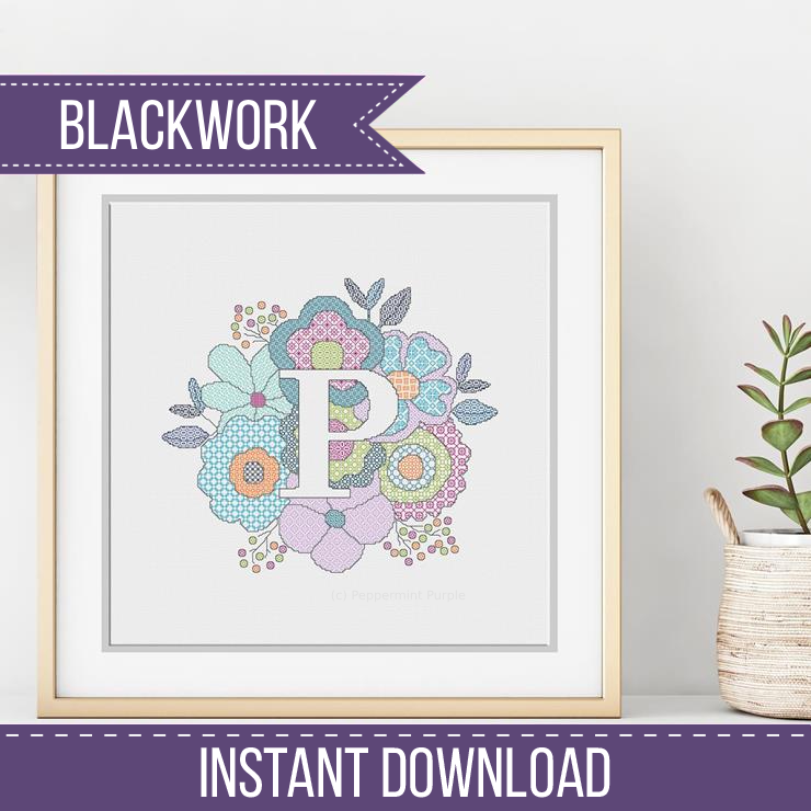 Floral Letters Blackwork Pattern by Peppermint Purple