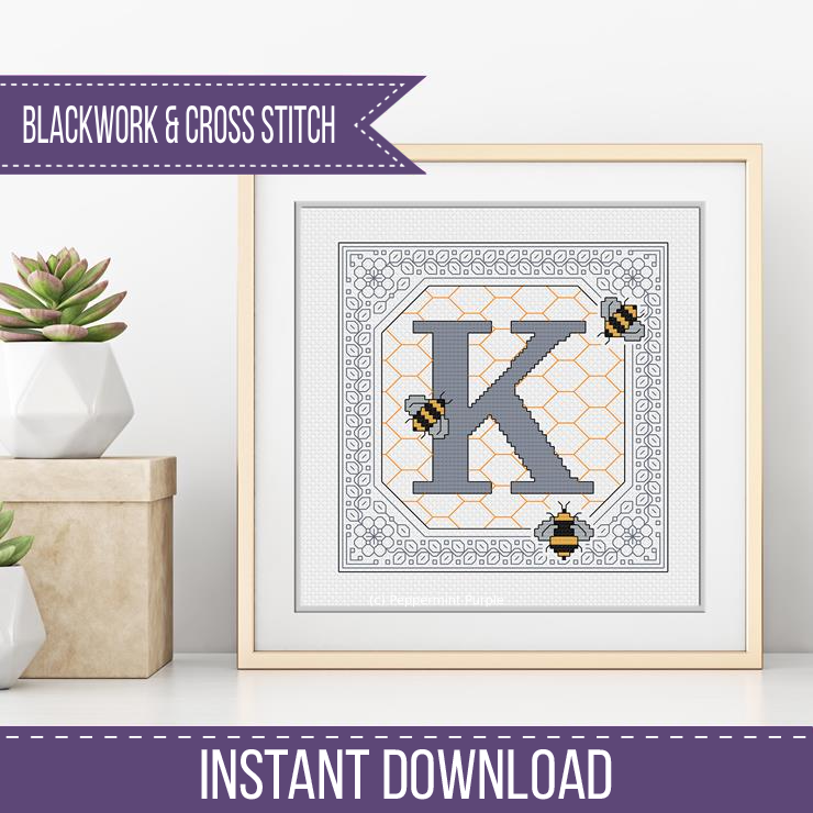 Bumble Bee Letters Blackwork Pattern by Peppermint Purple