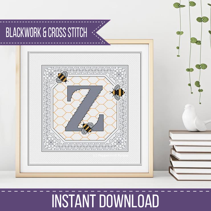 Bumble Bee Letters Blackwork Pattern by Peppermint Purple