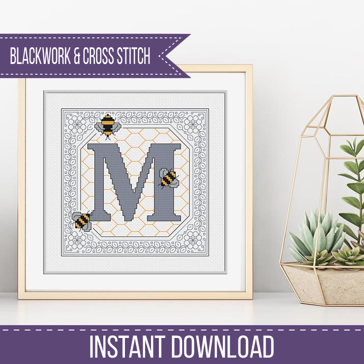 Bumble Bee Letters Blackwork Pattern by Peppermint Purple