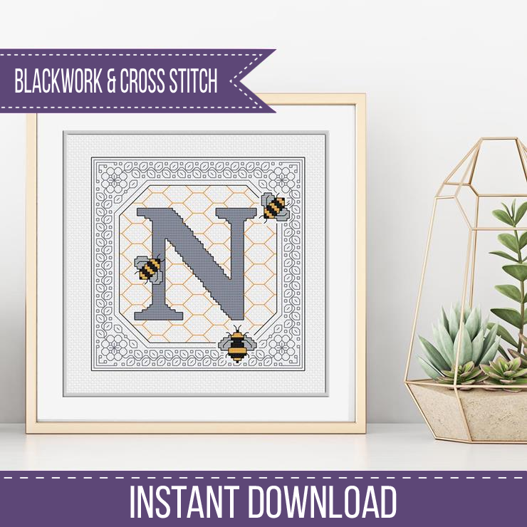 Bumble Bee Letters Blackwork Pattern by Peppermint Purple