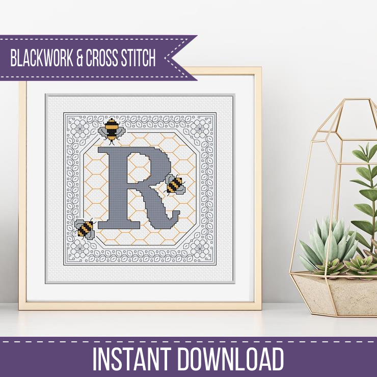Bumble Bee Letters Blackwork Pattern by Peppermint Purple