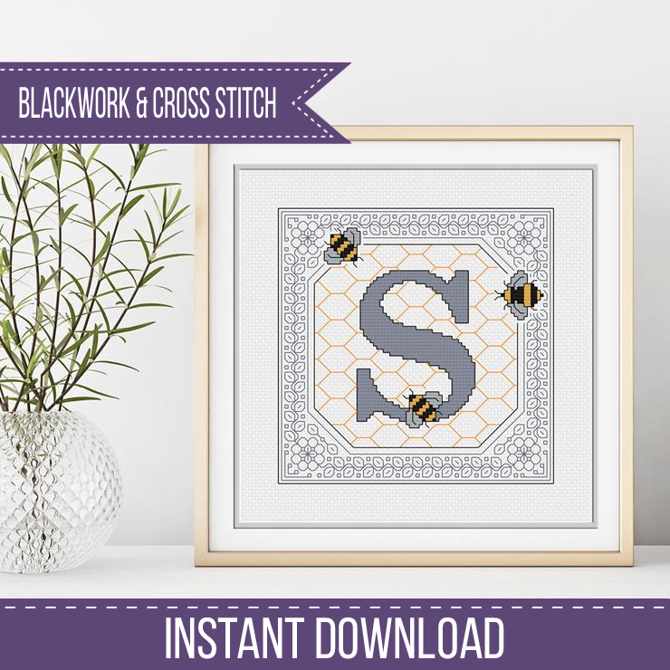 Bumble Bee Letters Blackwork Pattern by Peppermint Purple