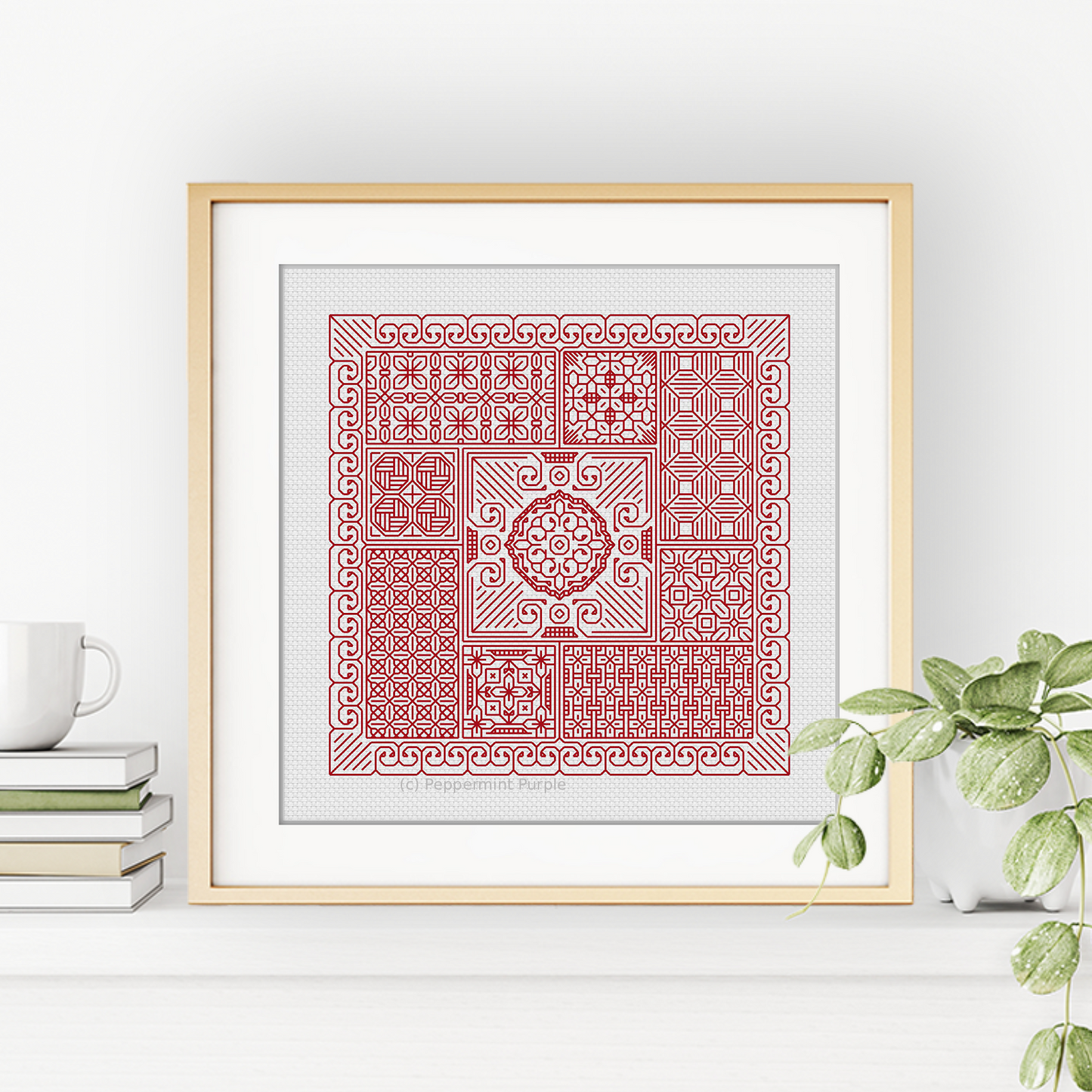 Relax in Coral Red Blackwork Blackwork Pattern by Peppermint Purple