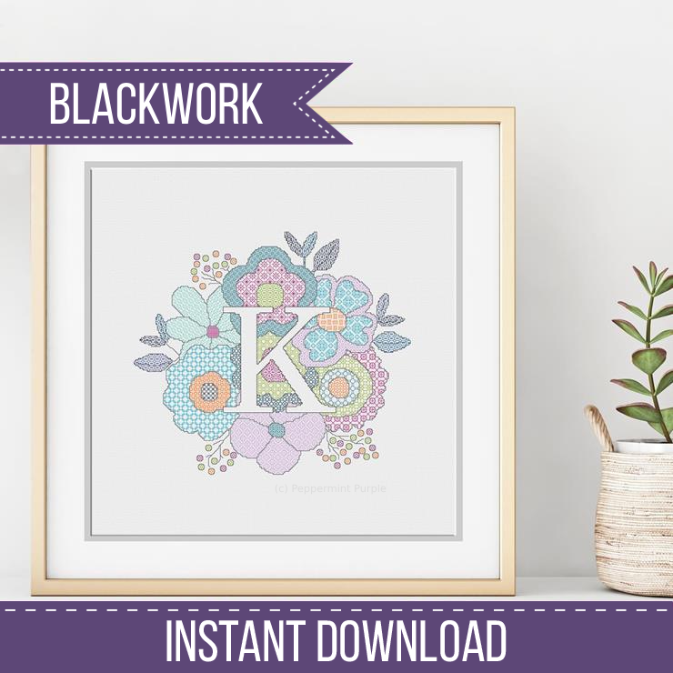 Floral Letters Blackwork Pattern by Peppermint Purple