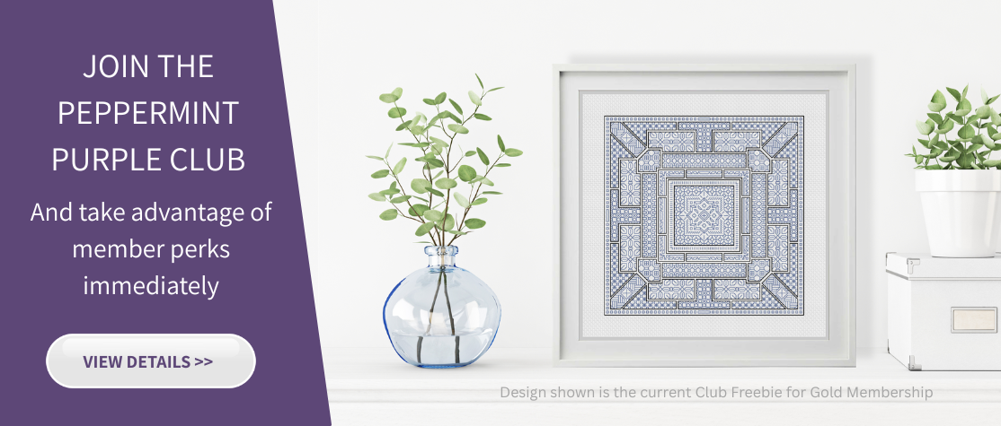 Framed geometric design with a vase and plant on a white wall, promotional text for the Peppermint Purple Club.