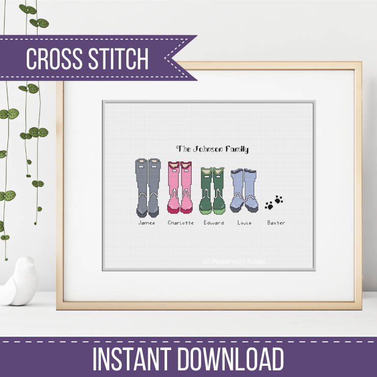 Personalised Welly Family DIY Cross Stitch Pattern by Peppermint Purple