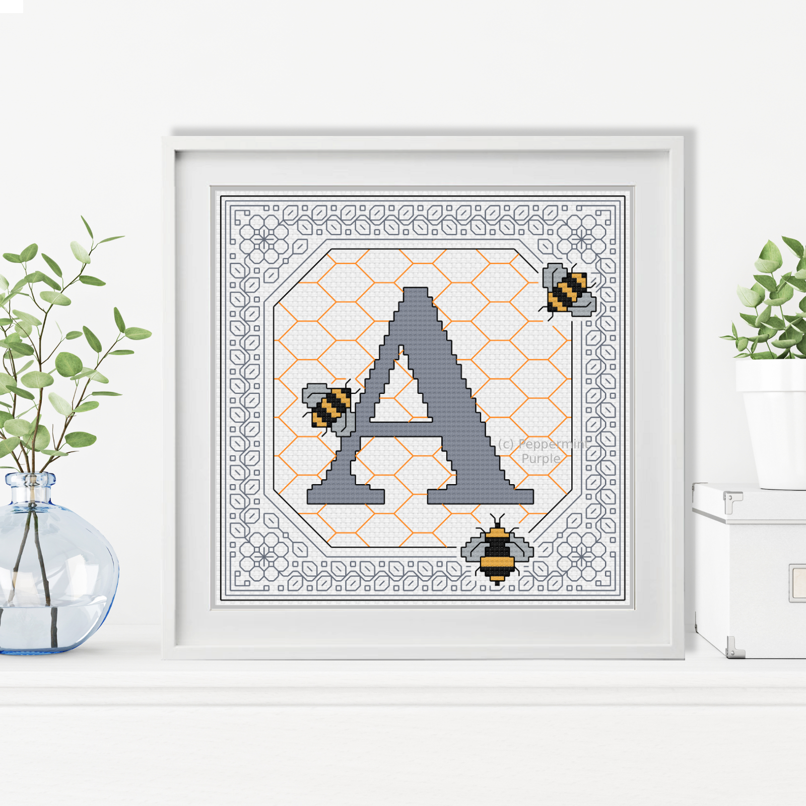 Bumble Bee Letters Blackwork Pattern by Peppermint Purple