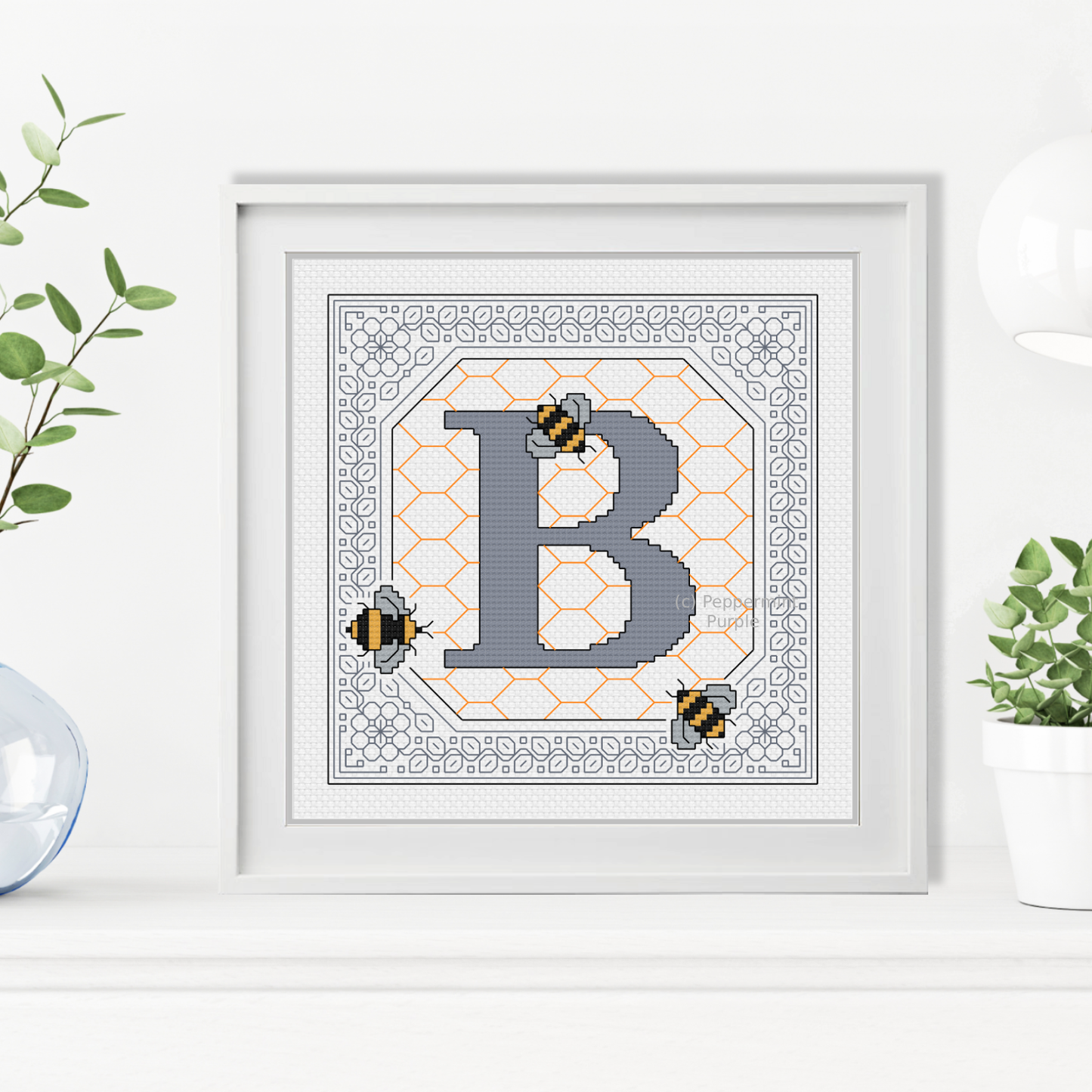 Bumble Bee Letters Blackwork Pattern by Peppermint Purple