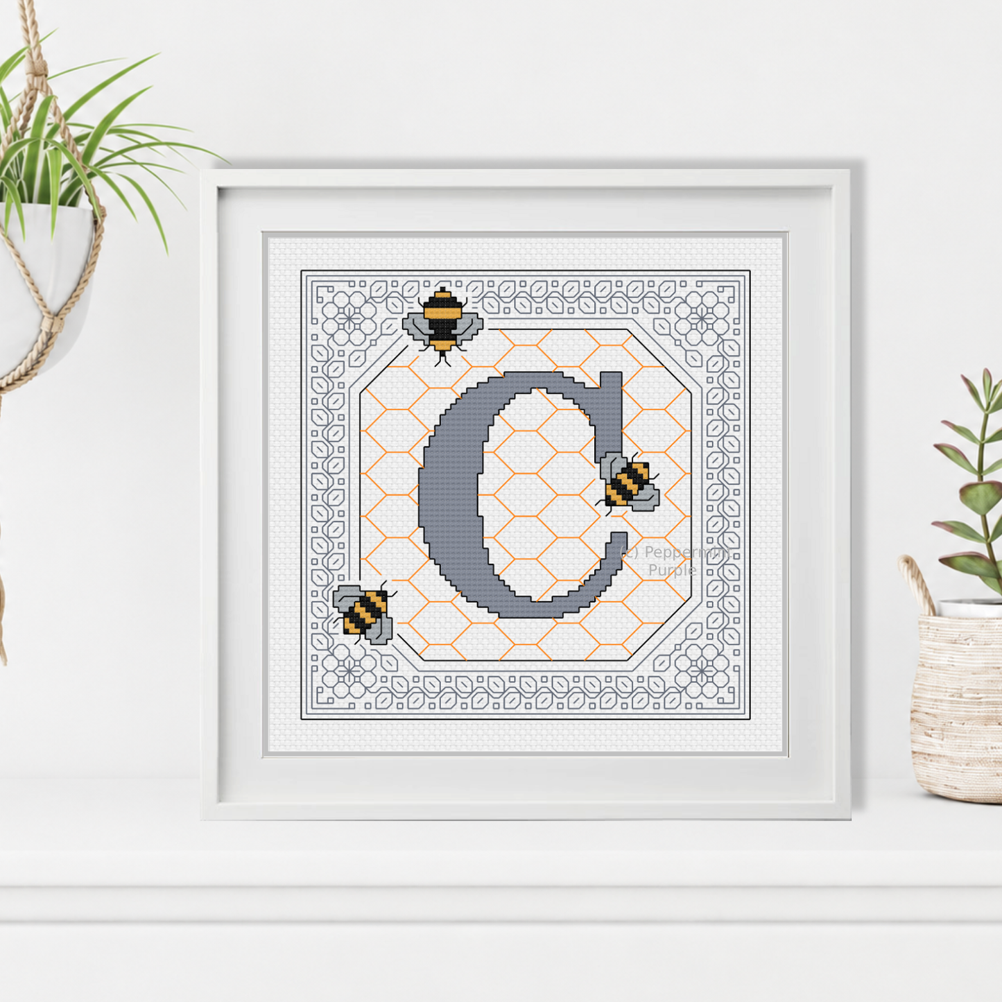 Bumble Bee Letters Blackwork Pattern by Peppermint Purple