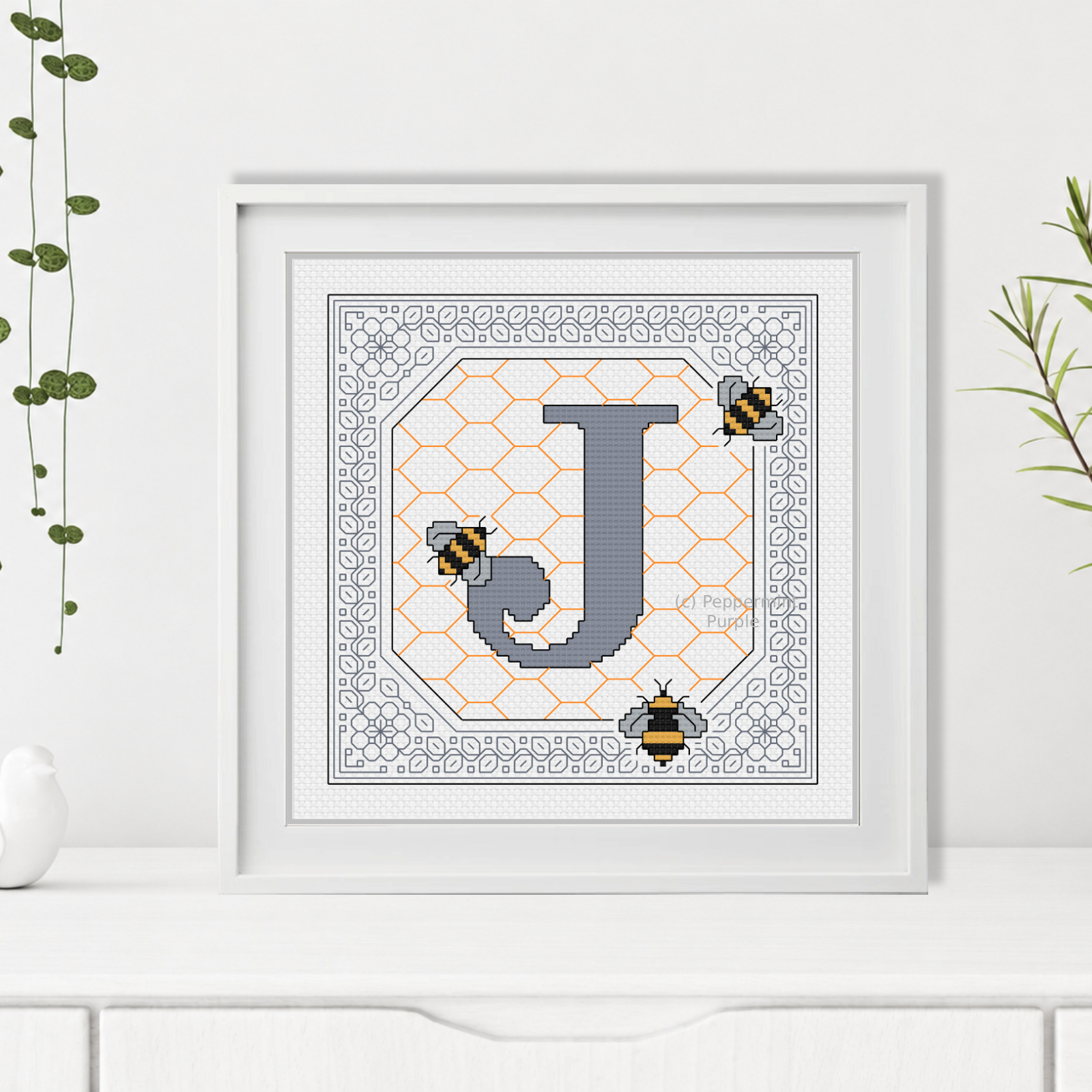 Bumble Bee Letters Blackwork Pattern by Peppermint Purple