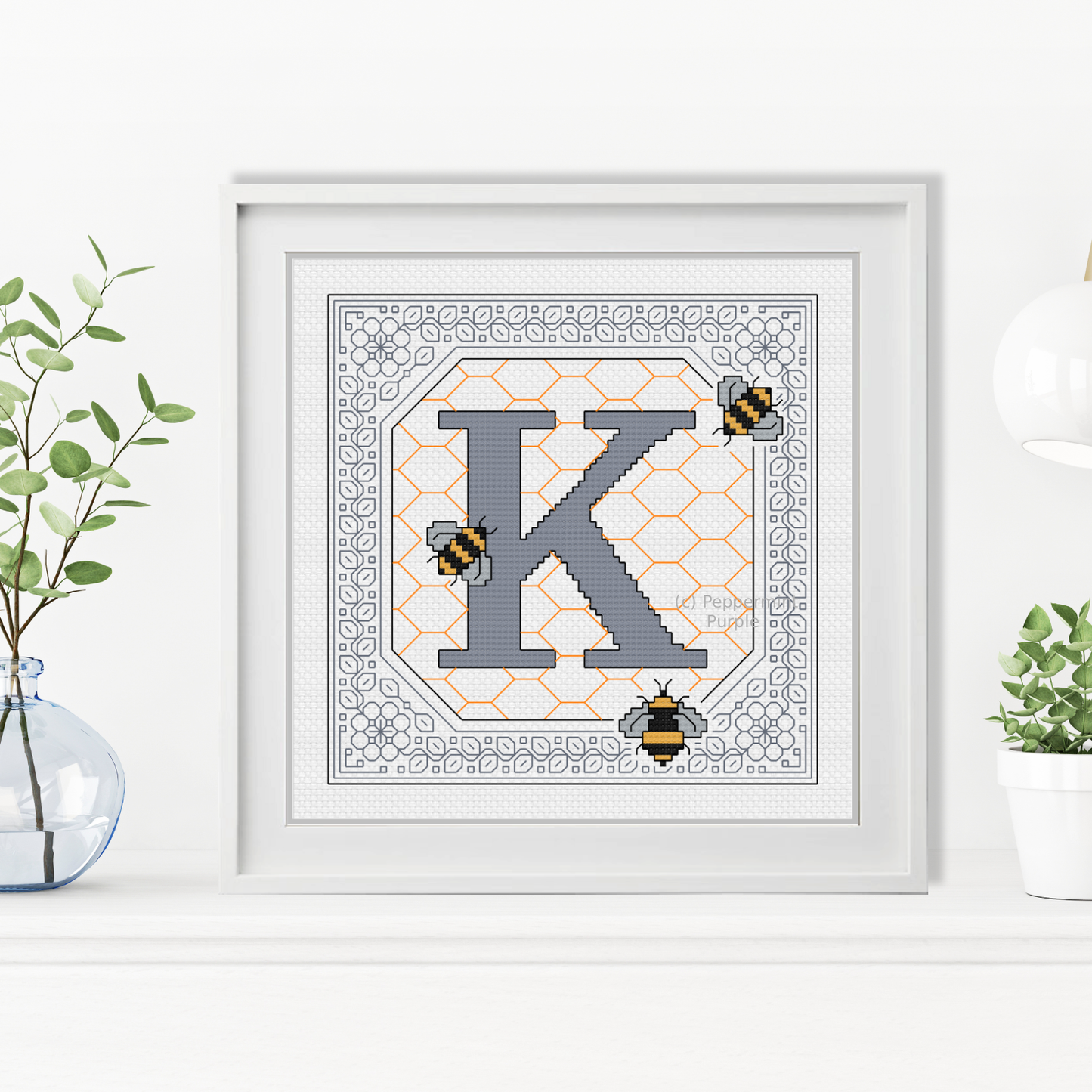 Bumble Bee Letters Blackwork Pattern by Peppermint Purple