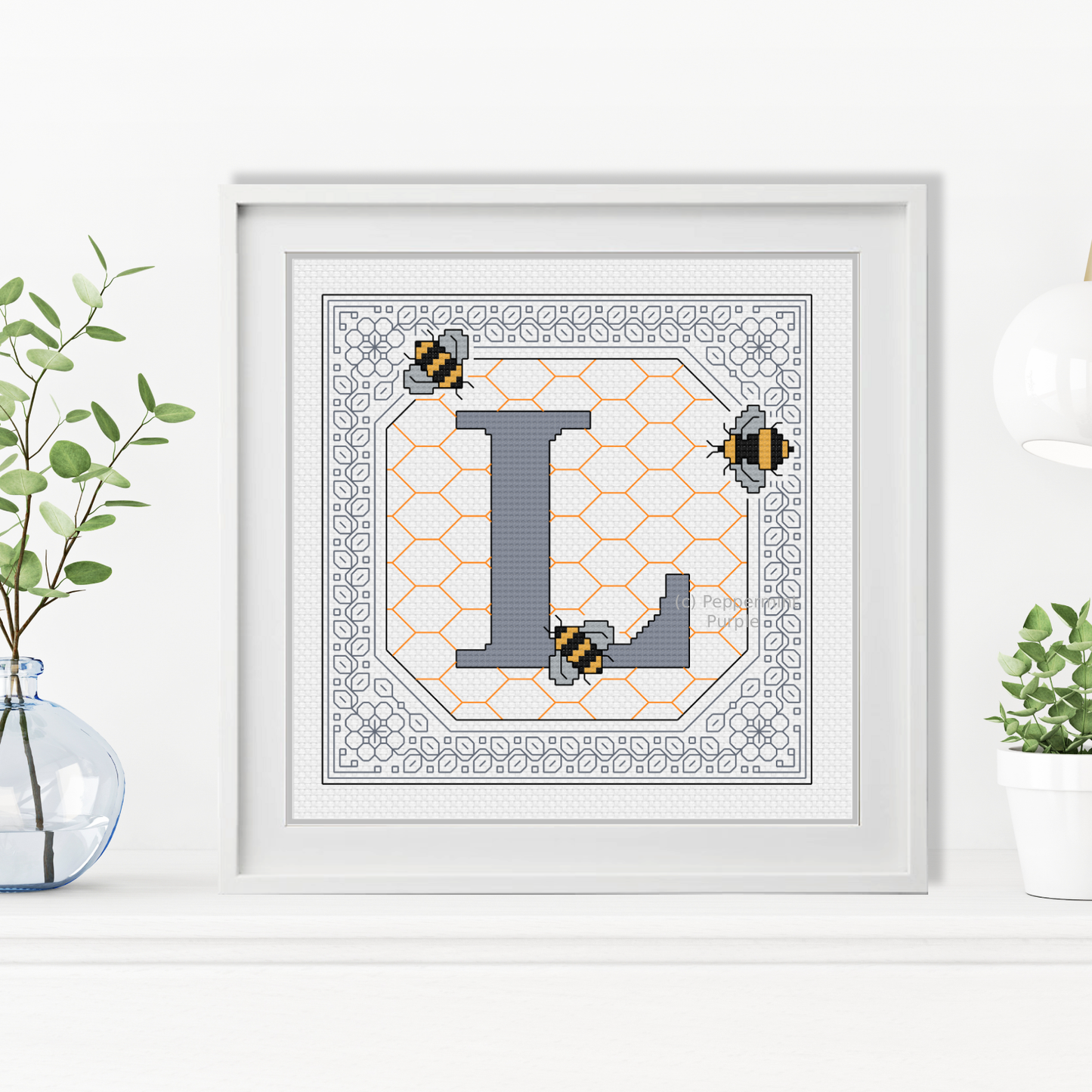 Bumble Bee Letters Blackwork Pattern by Peppermint Purple