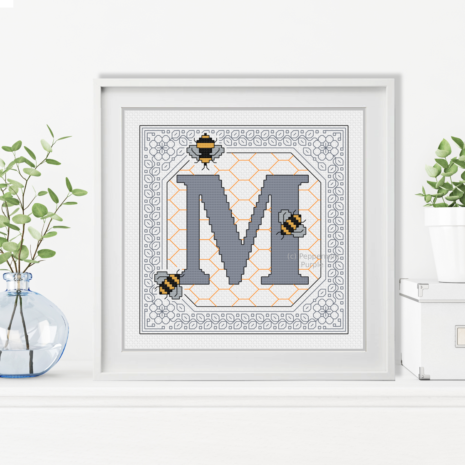 Bumble Bee Letters Blackwork Pattern by Peppermint Purple