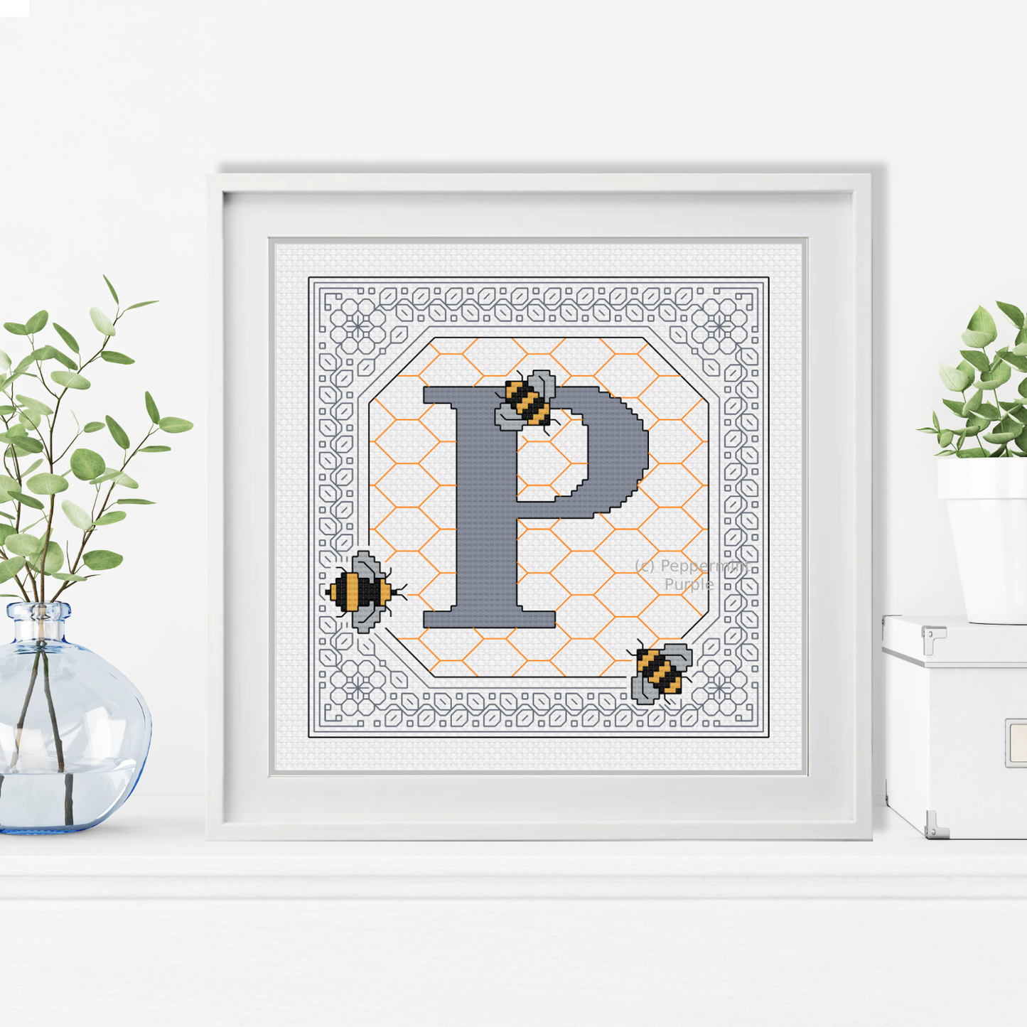 Bumble Bee Letters Blackwork Pattern by Peppermint Purple