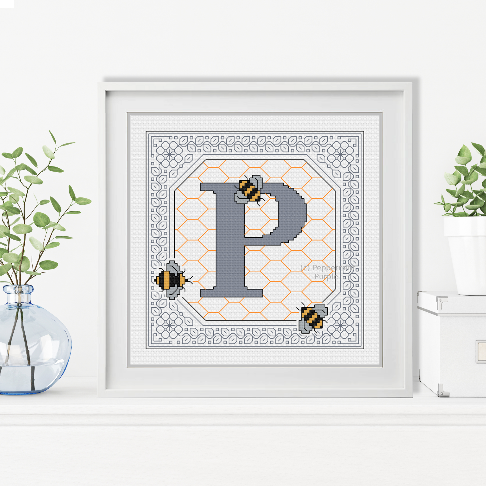 Bumble Bee Letters Blackwork Pattern by Peppermint Purple