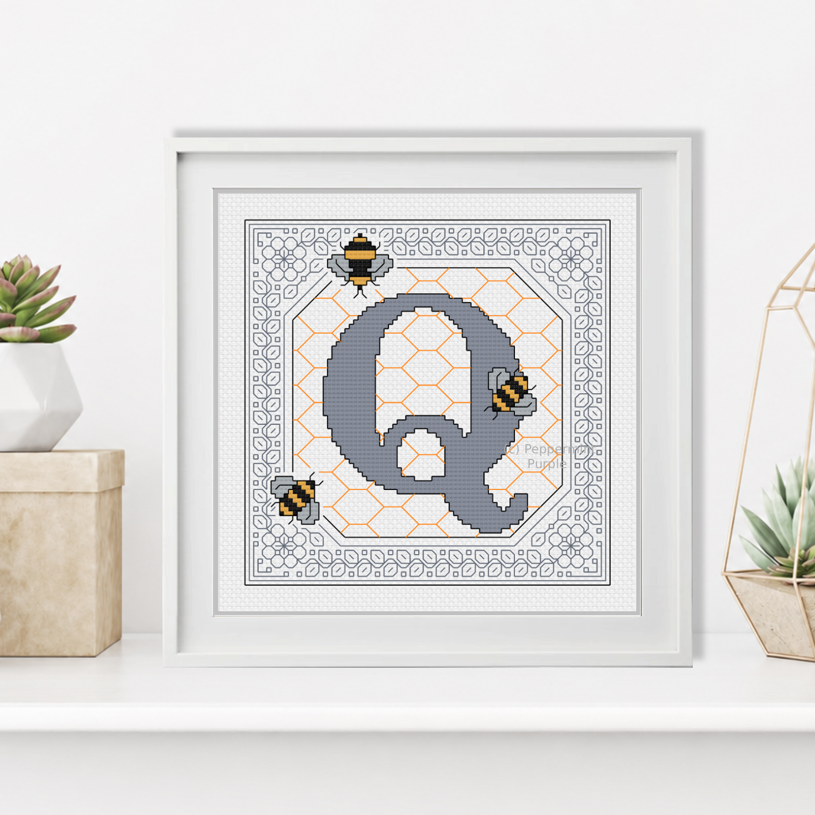 Bumble Bee Letters Blackwork Pattern by Peppermint Purple