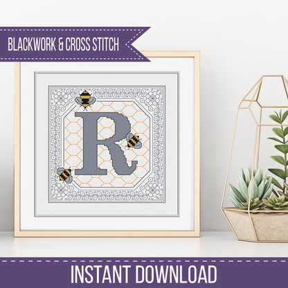 Bumble Bee Letters Blackwork Pattern by Peppermint Purple