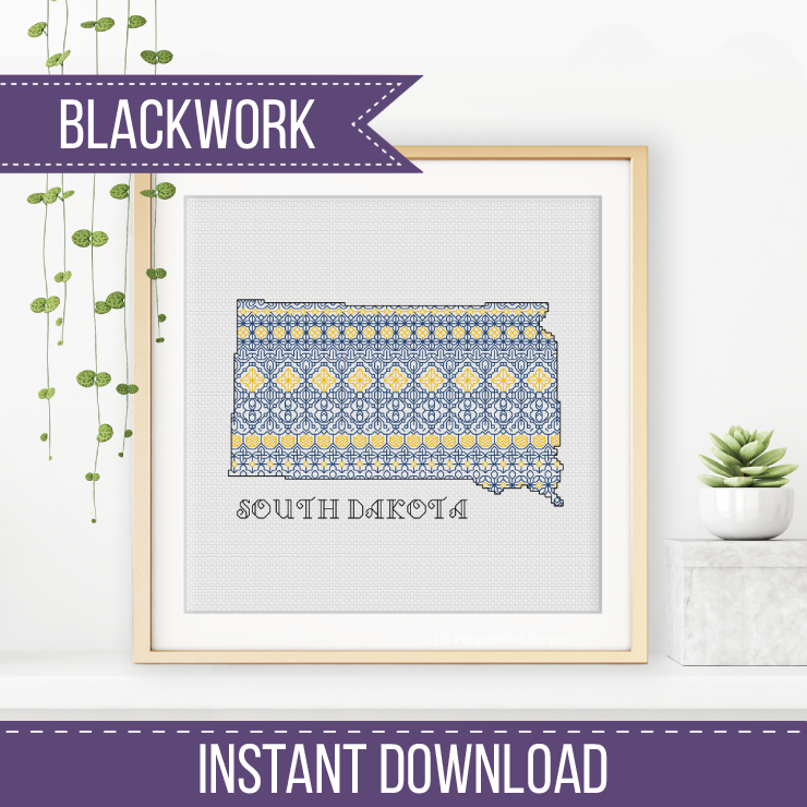 South Dakota Blackwork - Yellow & Blue Blackwork Pattern by Peppermint Purple