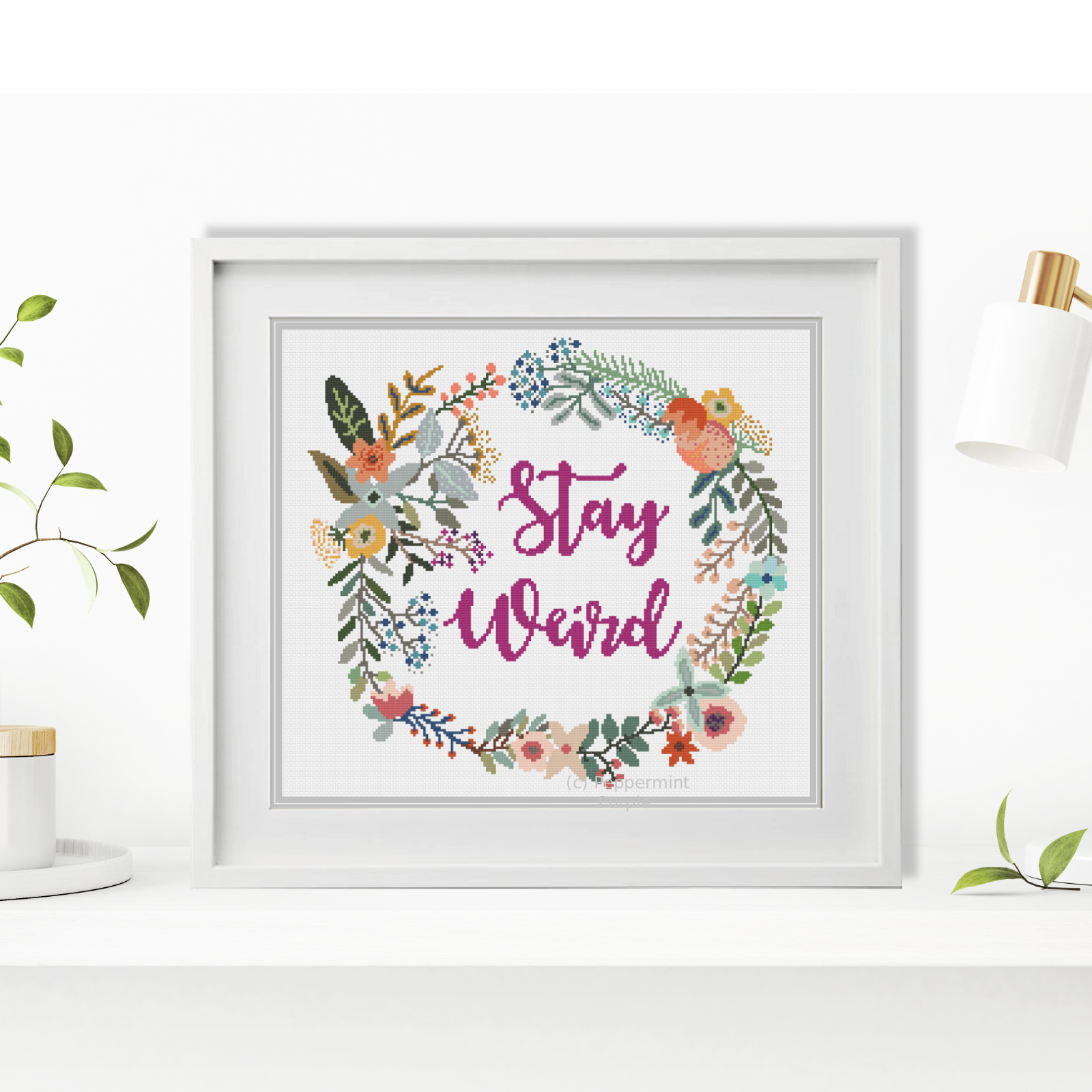 Stay Weird Floral Wreath Cross Stitch Pattern by Peppermint Purple