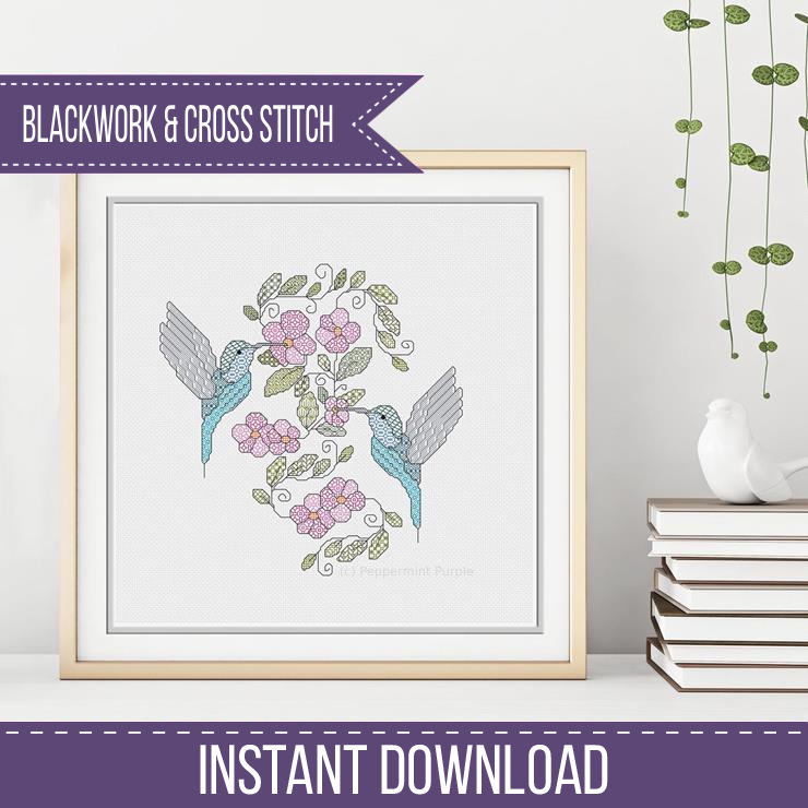 Hummingbirds Blackwork Pattern Blackwork Pattern by Peppermint Purple