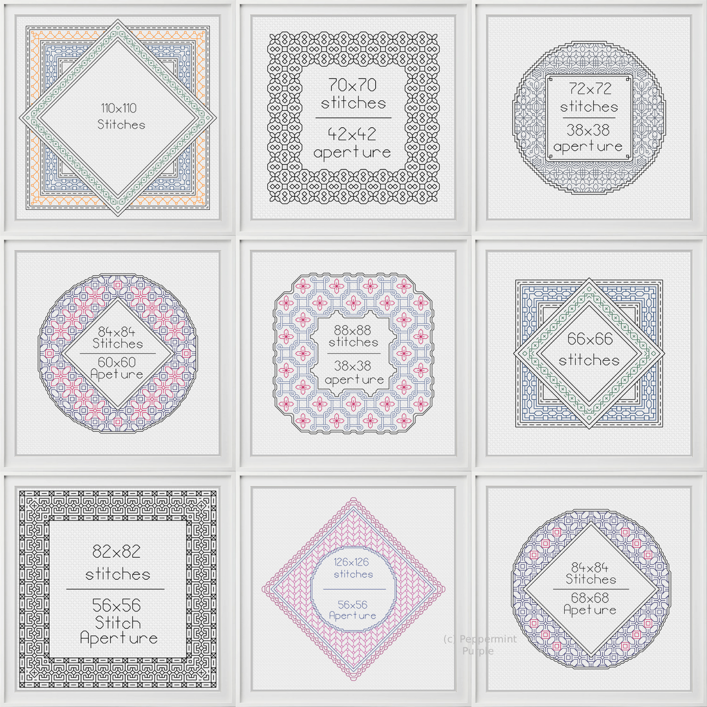 10 Frame Set & 4 Backstitch Fonts Blackwork Pattern by Peppermint Purple