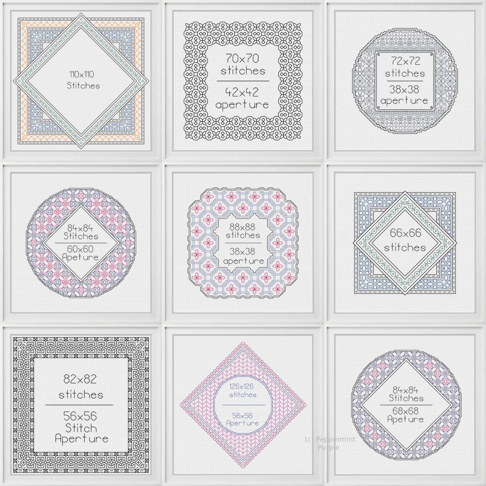 10 Frame Set & 4 Backstitch Fonts Blackwork Pattern by Peppermint Purple