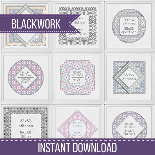 10 Frame Set & 4 Backstitch Fonts Blackwork Pattern by Peppermint Purple