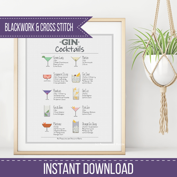 Gin Cocktails Cross Stitch Pattern by Peppermint Purple