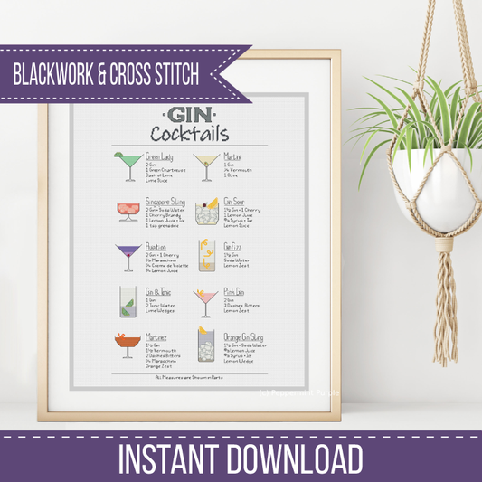 Gin Cocktails Cross Stitch Pattern by Peppermint Purple