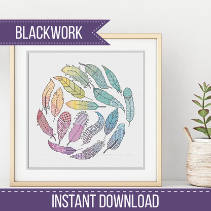 Rainbow Feathers Blackwork Pattern by Peppermint Purple