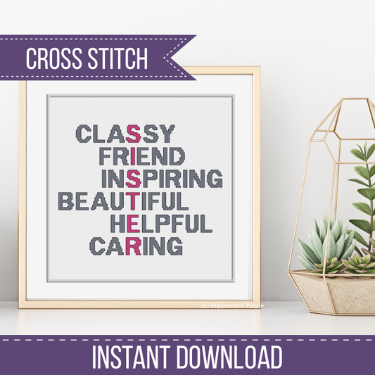 Sister Acrostic Cross Stitch Pattern by Peppermint Purple