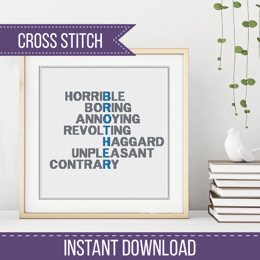 Snarky Brother Acrostic Cross Stitch Pattern by Peppermint Purple