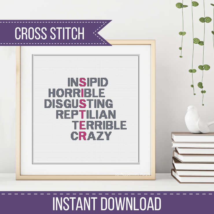 Snarky Sister Acrostic Cross Stitch Pattern – Peppermint Purple
