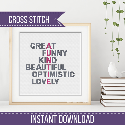 Auntie Acrostic Cross Stitch Pattern by Peppermint Purple