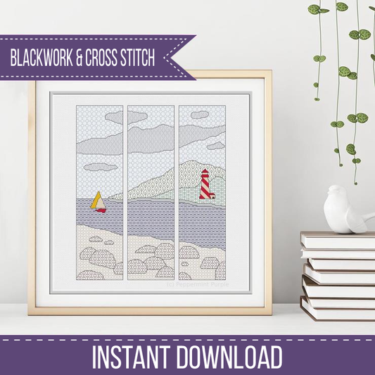 Blackwork Lighthouse Triptique Blackwork Pattern by Peppermint Purple