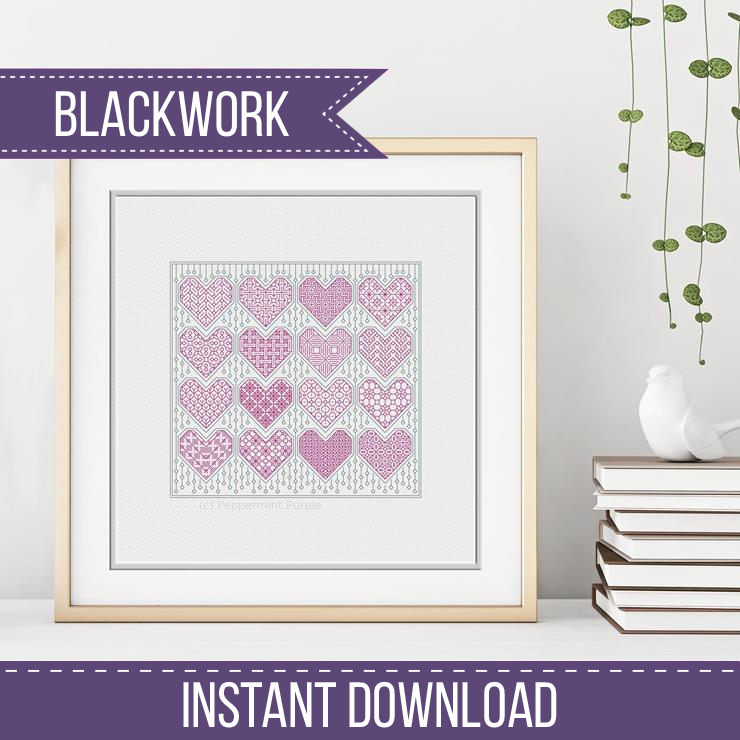 Mini Hearts Blackwork Pattern by Peppermint Purple