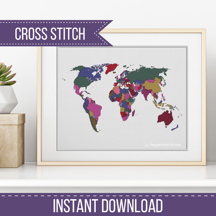 World Map - both Blackwork & Cross Stitch Versions Blackwork Pattern by Peppermint Purple