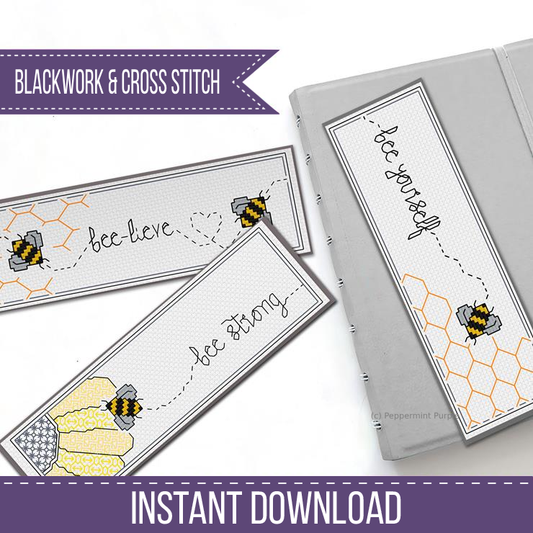 Bee Bookmarks Blackwork Pattern by Peppermint Purple