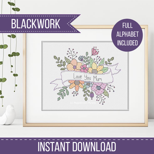 Floral Ribbon Blackwork Pattern by Peppermint Purple