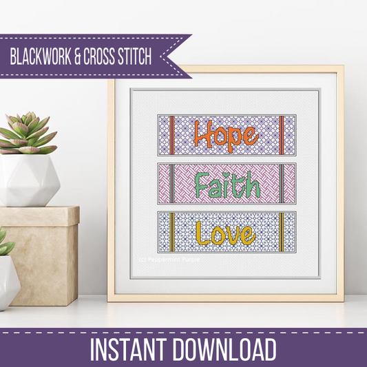 Faith, Love, Hope Bookmarks Blackwork Pattern by Peppermint Purple