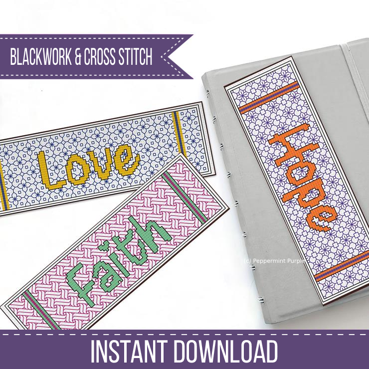 Faith, Love, Hope Bookmarks Blackwork Pattern by Peppermint Purple