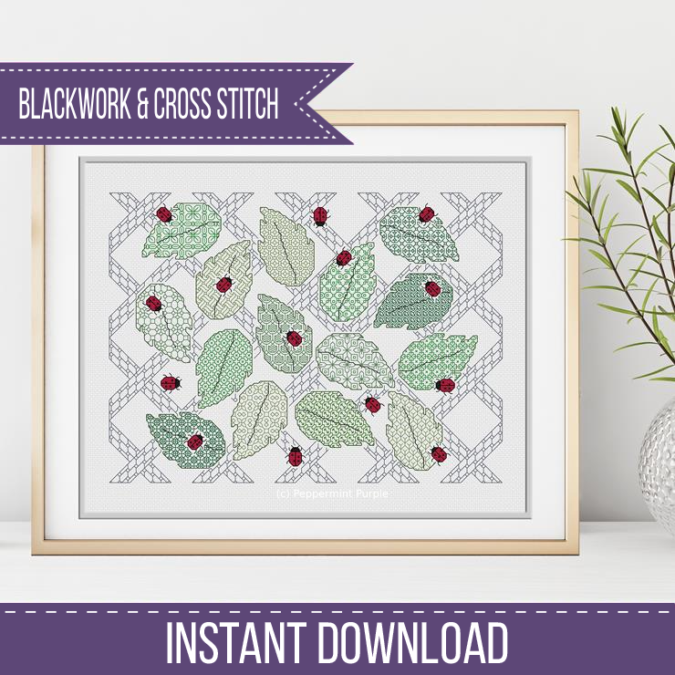 Ladybugs & Leaves Blackwork Blackwork Pattern by Peppermint Purple