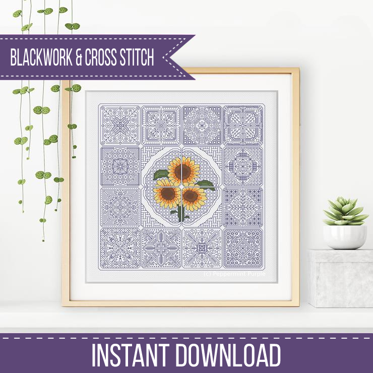 Dutch Tiles - Sunflower Blackwork Pattern by Peppermint Purple