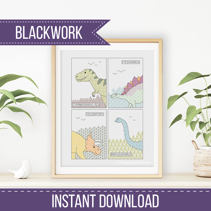 Dinosaur Blackwork Pattern Blackwork Pattern by Peppermint Purple