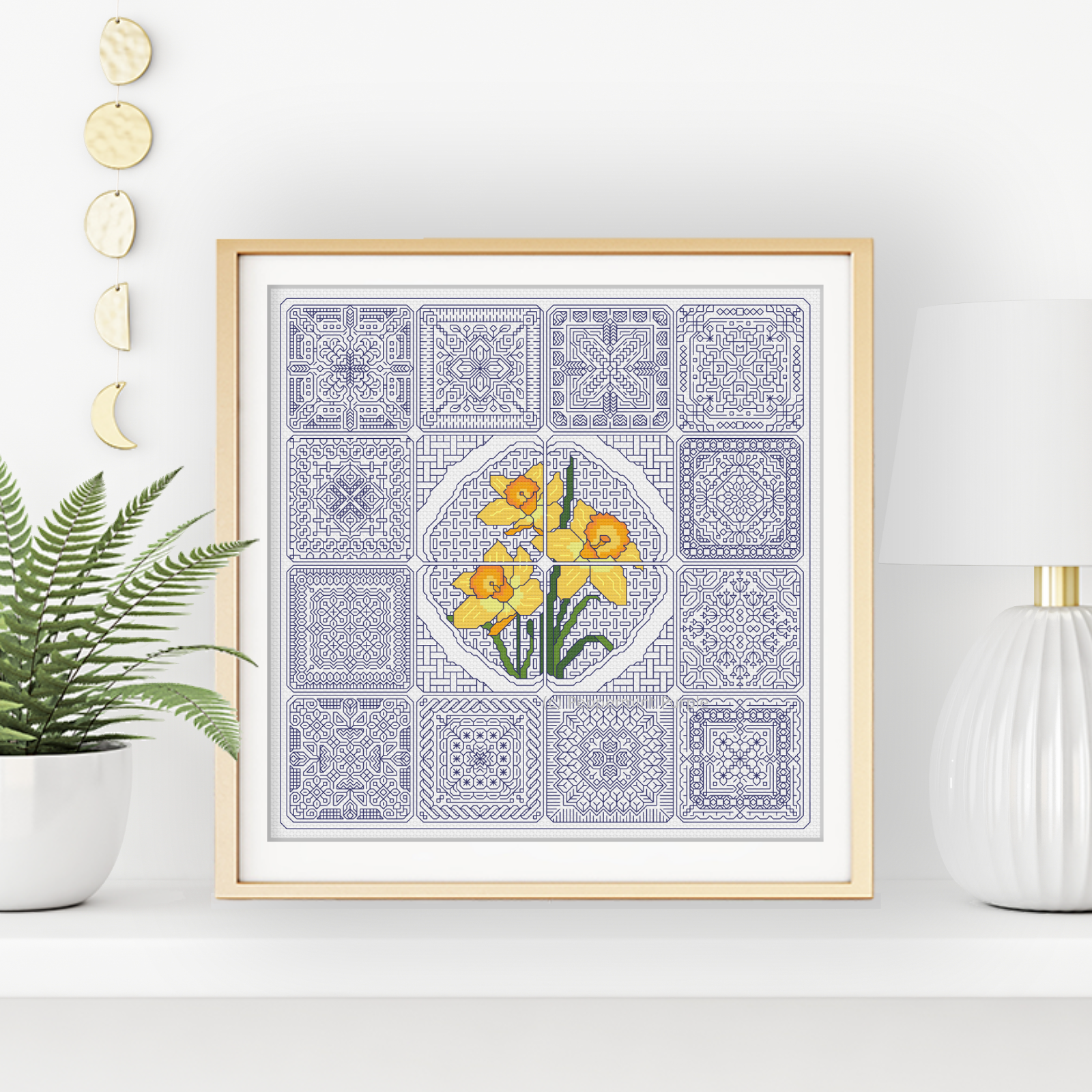 Dutch Tiles - Daffodils Blackwork Pattern by Peppermint Purple