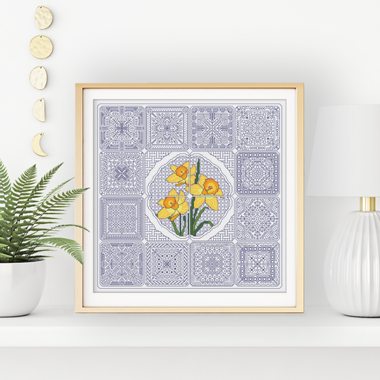 Dutch Tiles - Daffodils Blackwork Pattern by Peppermint Purple