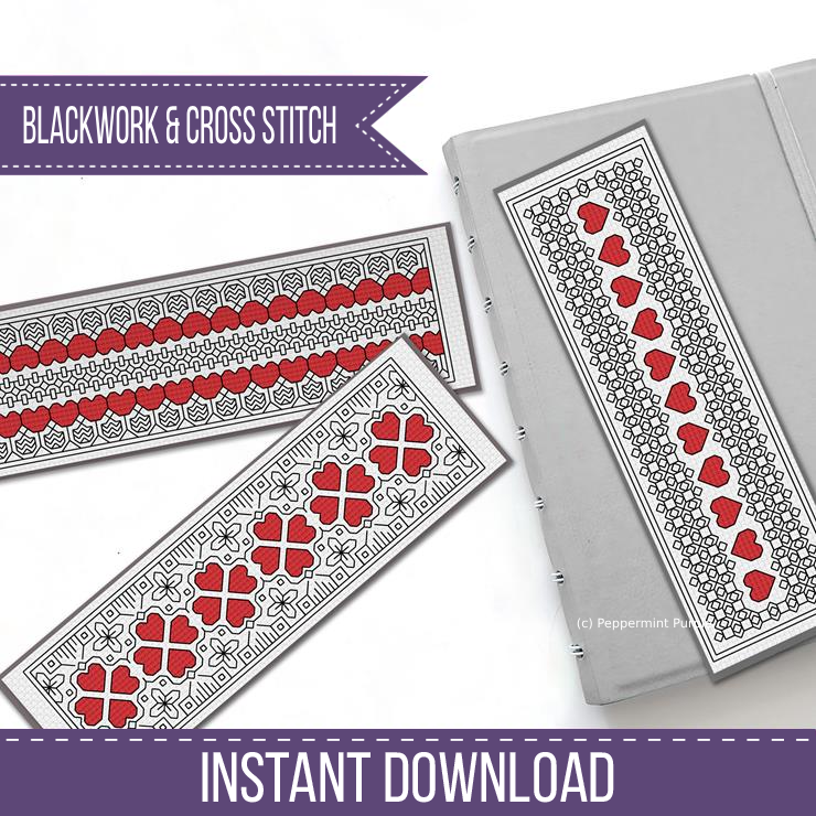 Heart Bookmarks Blackwork Pattern by Peppermint Purple