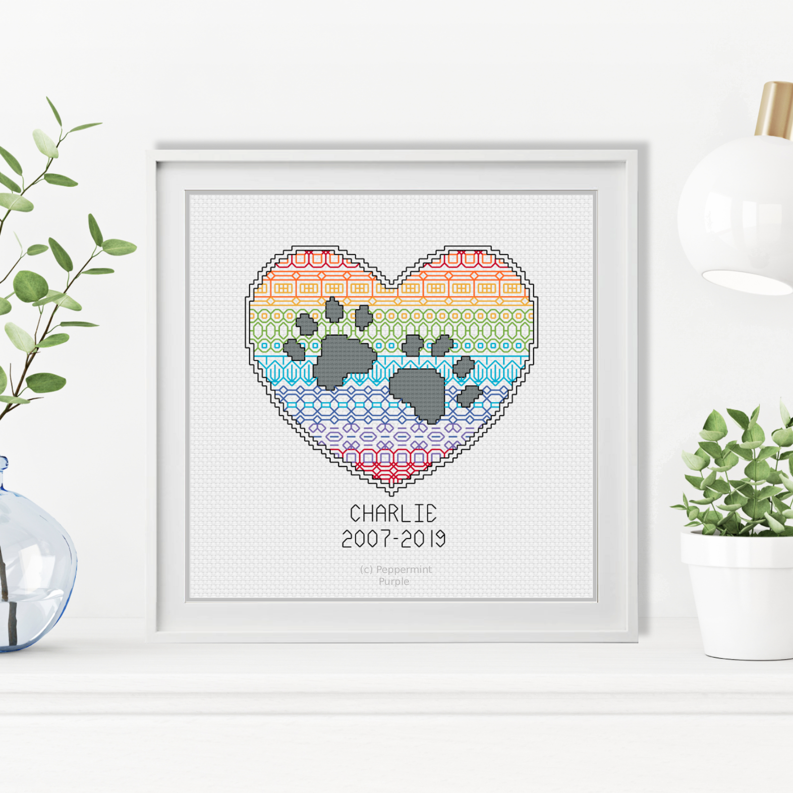 Paws on my Heart Blackwork Pattern by Peppermint Purple