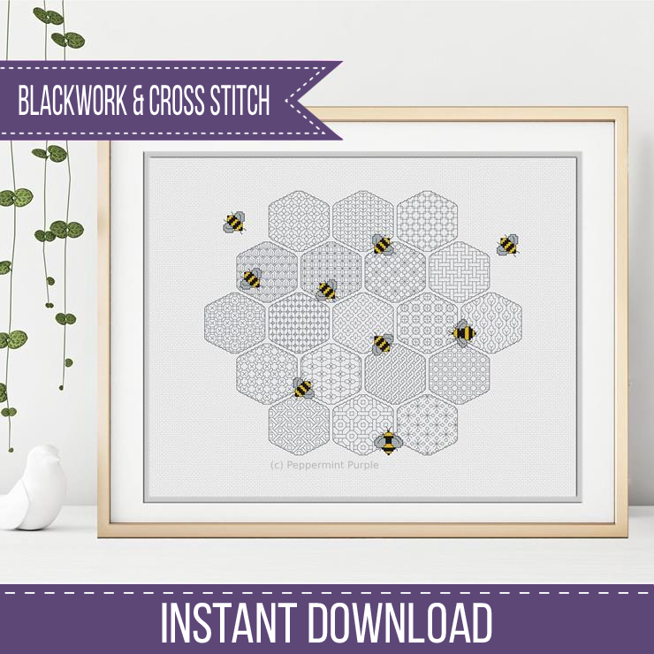 Blackwork Worker Bees Blackwork Pattern by Peppermint Purple